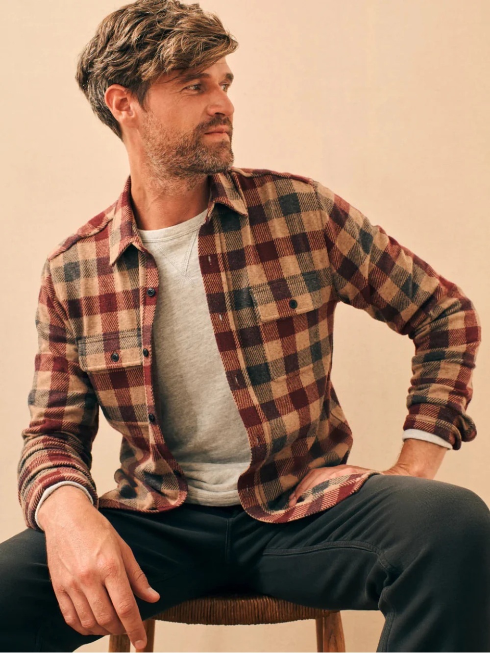 Faherty Plaid Legend Brushed Knit Button-Up Shirt Shirt Jacket in Brown Size M